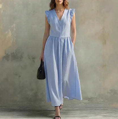 Robe évasee col v & manches bouffantes