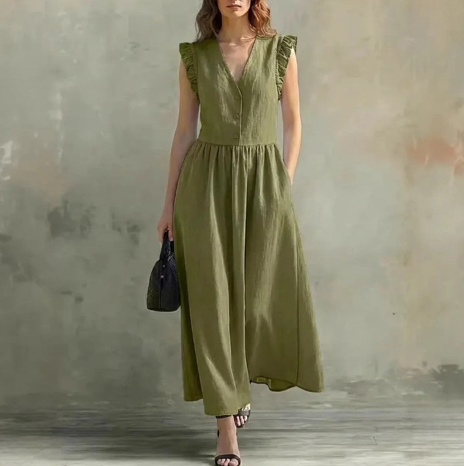 Robe évasee col v & manches bouffantes