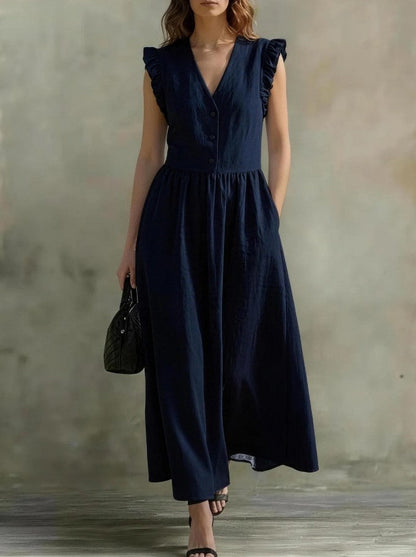 Robe évasee col v & manches bouffantes