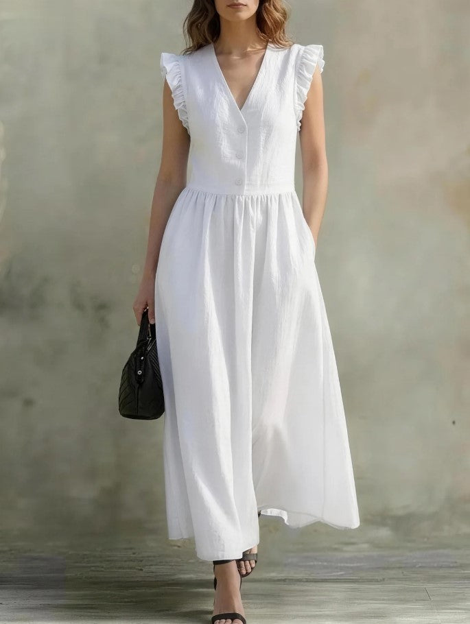 Robe évasee col v & manches bouffantes